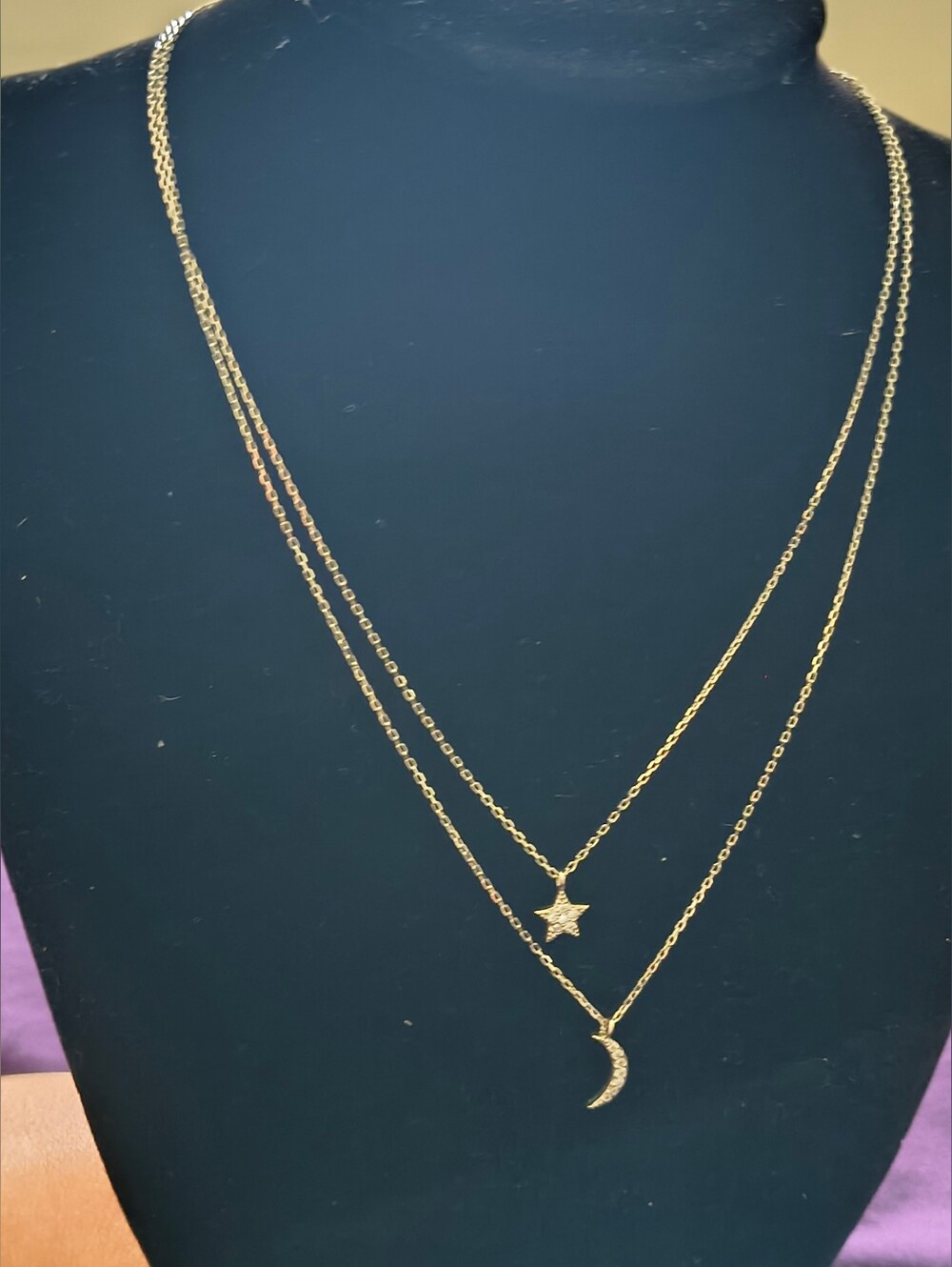 Adorable Sterling Silver Moon & Star Dainty Layered Necklace. Estate Find.